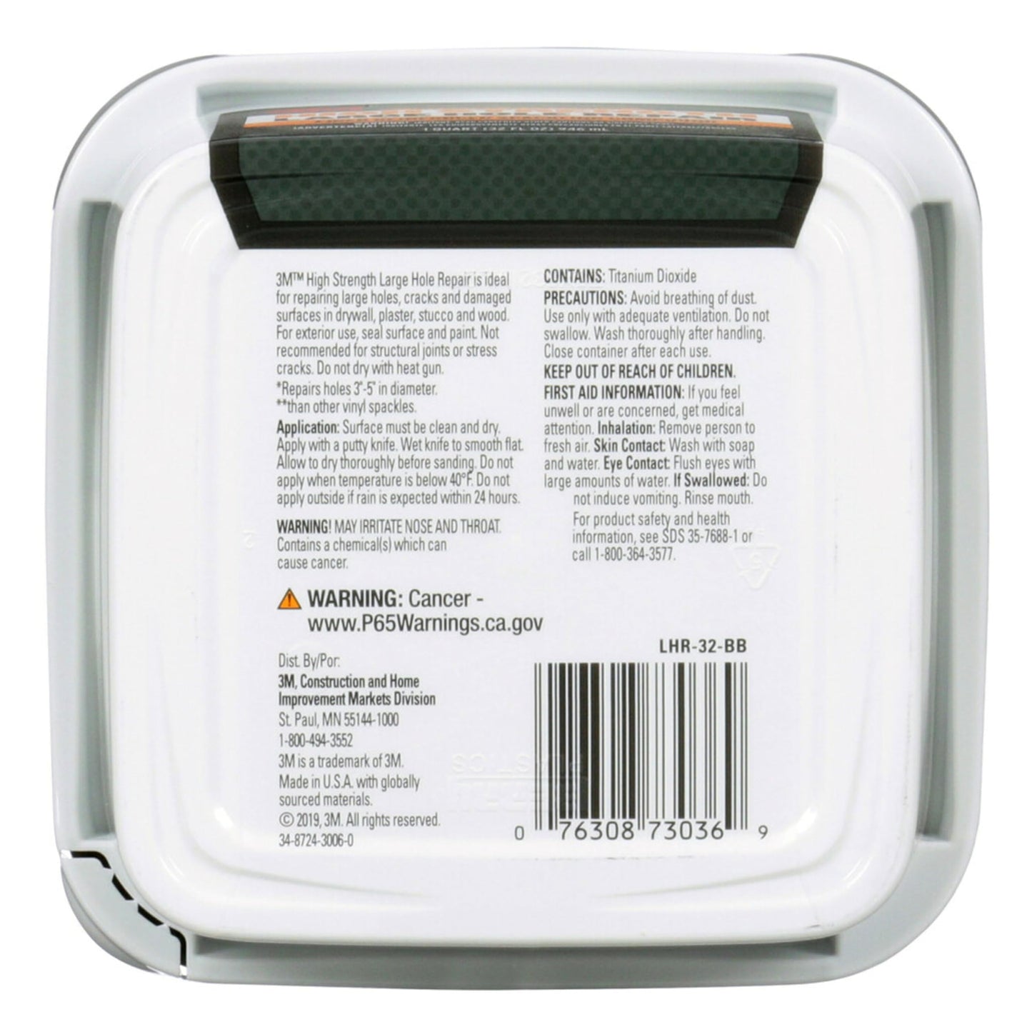 3M High Strength Fiber Reinforced Spackling Compound, 32 oz., Ideal for Large Hole Repair Cracks and Damaged Surfaces in Drywall, Plaster, Stucco, Concrete and Wood, For Easy Wall Repair (LHR-32-BB)