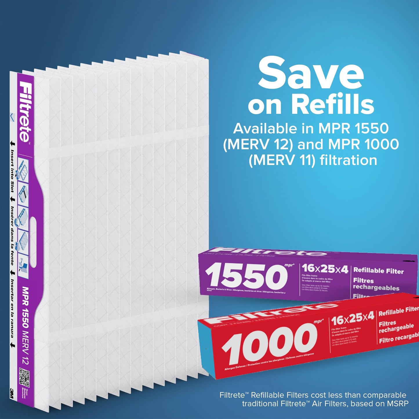 Filtrete™ Refillable Filter Kit 1550 MPR RS2003-4-2P-EC, 20 in x 25 in x 4 in (50.8 cm x 63.5 cm x 10.1 cm) 1 Frame & 2 Filters