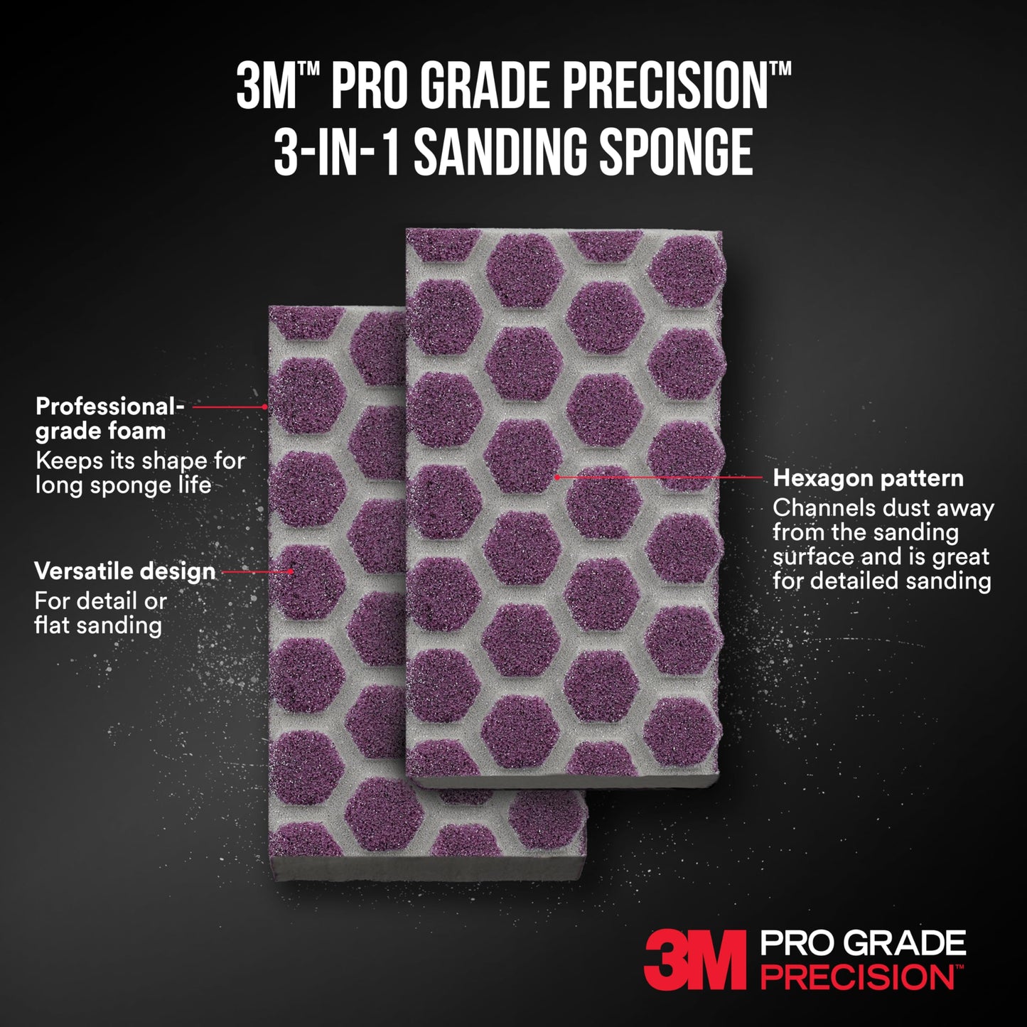 3M™ Pro Grade Precision™ 3-in-1 Sanding Sponge DCDA120-PGP-2T, 2.5 in x 4.5 in x 1 in, 120 grit, Medium, 6/case