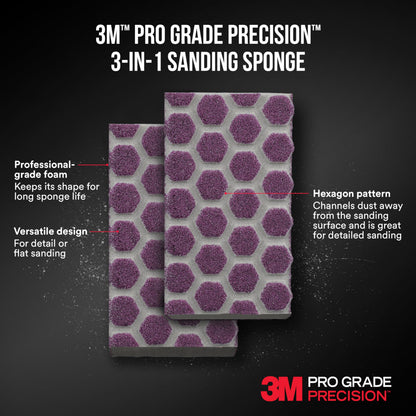 3M™ Pro Grade Precision™ 3-in-1 Sanding Sponge DCDA120-PGP-2T, 2.5 in x 4.5 in x 1 in, 120 grit, Medium, 6/case