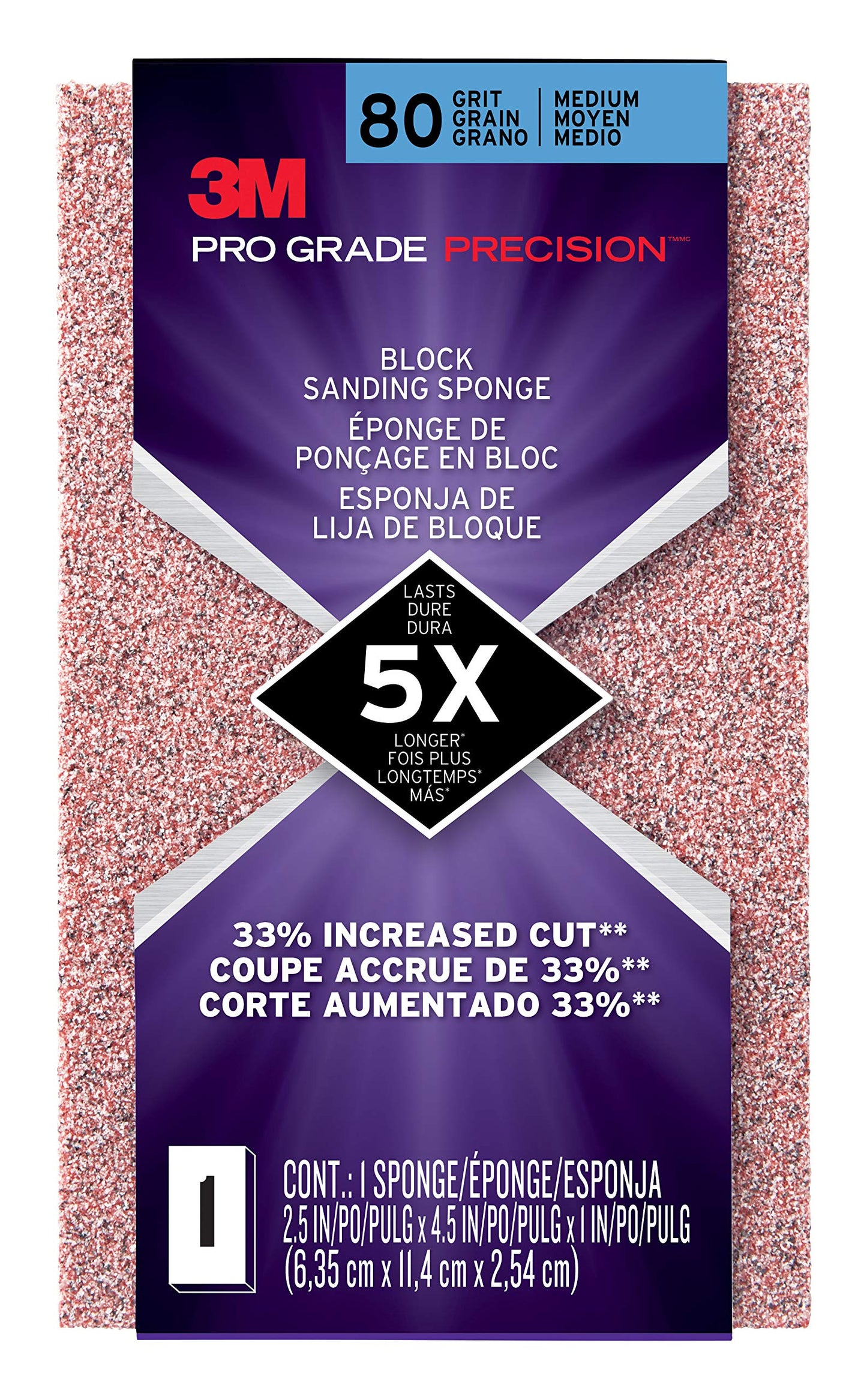 3M™ Pro Grade Precision™ Faster Sanding Sanding Block Sponge FSB80-PGP-1T, 2.5 in x 4.5 in x 1 in, 80 grit, Medium, 12/case