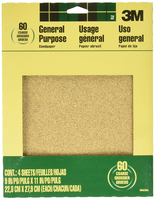 3M™ Aluminum Oxide Sandpaper Coarse, 9003NA, 9 in x 11 in, 4/pk