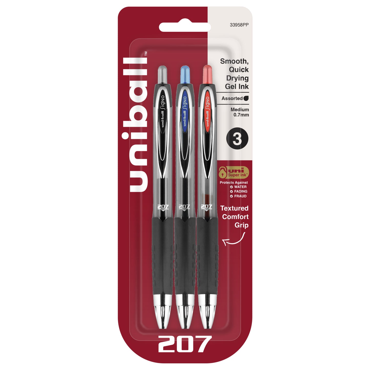 uniball™ 207 Retractable Gel Pens, Medium Point (0.7mm), Assorted, 3 Pack