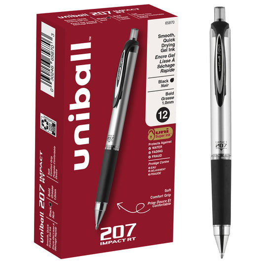 uniball™ 207 Impact Retractable Gel Pens, Bold Point (1.0mm), Black, 12 Pack
