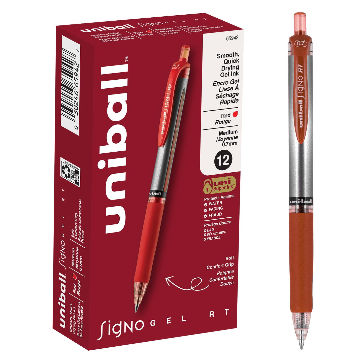 uniball™ Signo RT Gel Pens, Medium Point (0.7mm), Red, 12 Pack