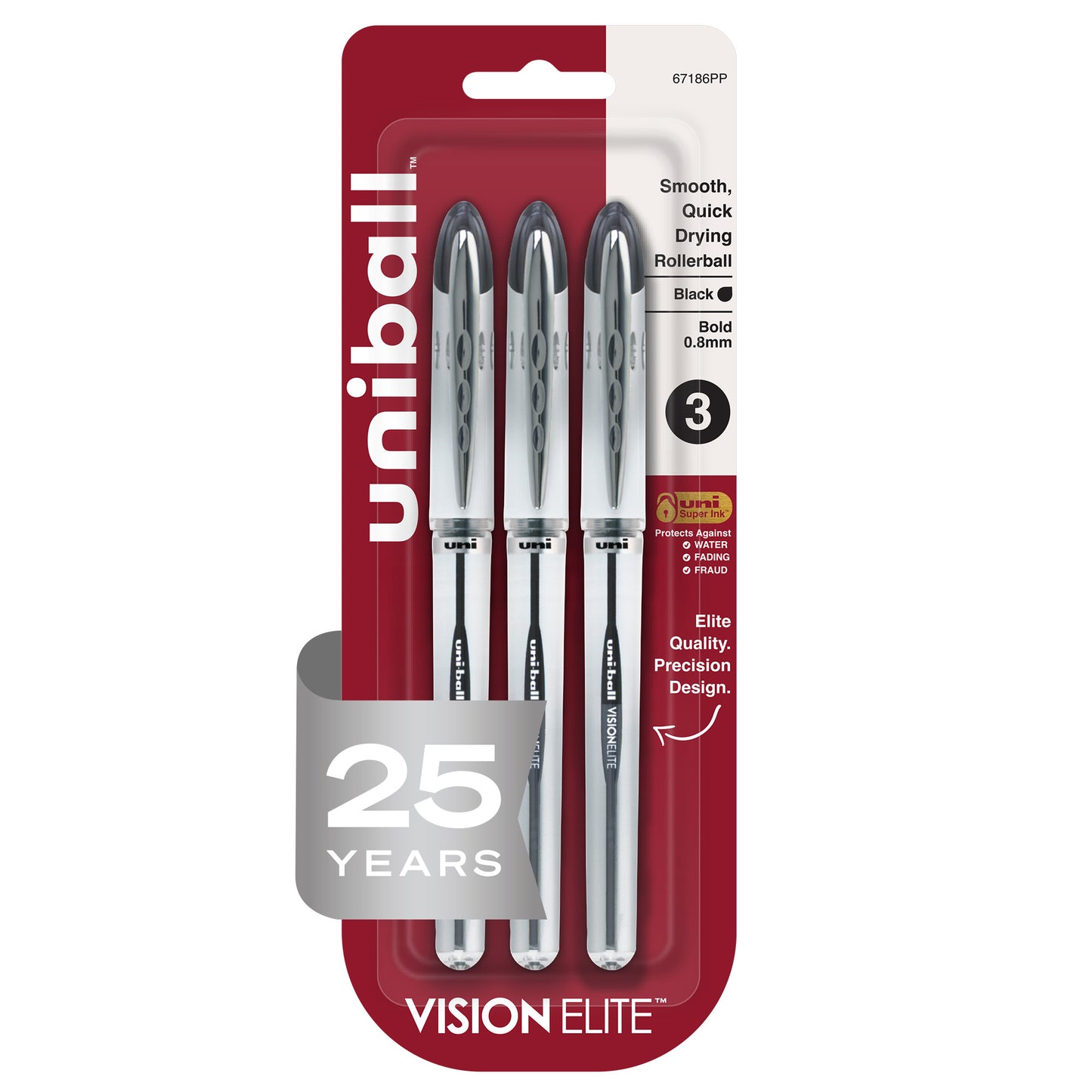 uniball™ Vision Elite Rollerball Pens, Bold Point (0.8mm), Black, 3 Pack