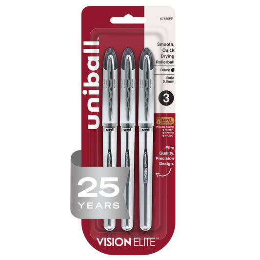 uniball™ Vision Elite Rollerball Pens, Bold Point (0.8mm), Black, 3 Pack