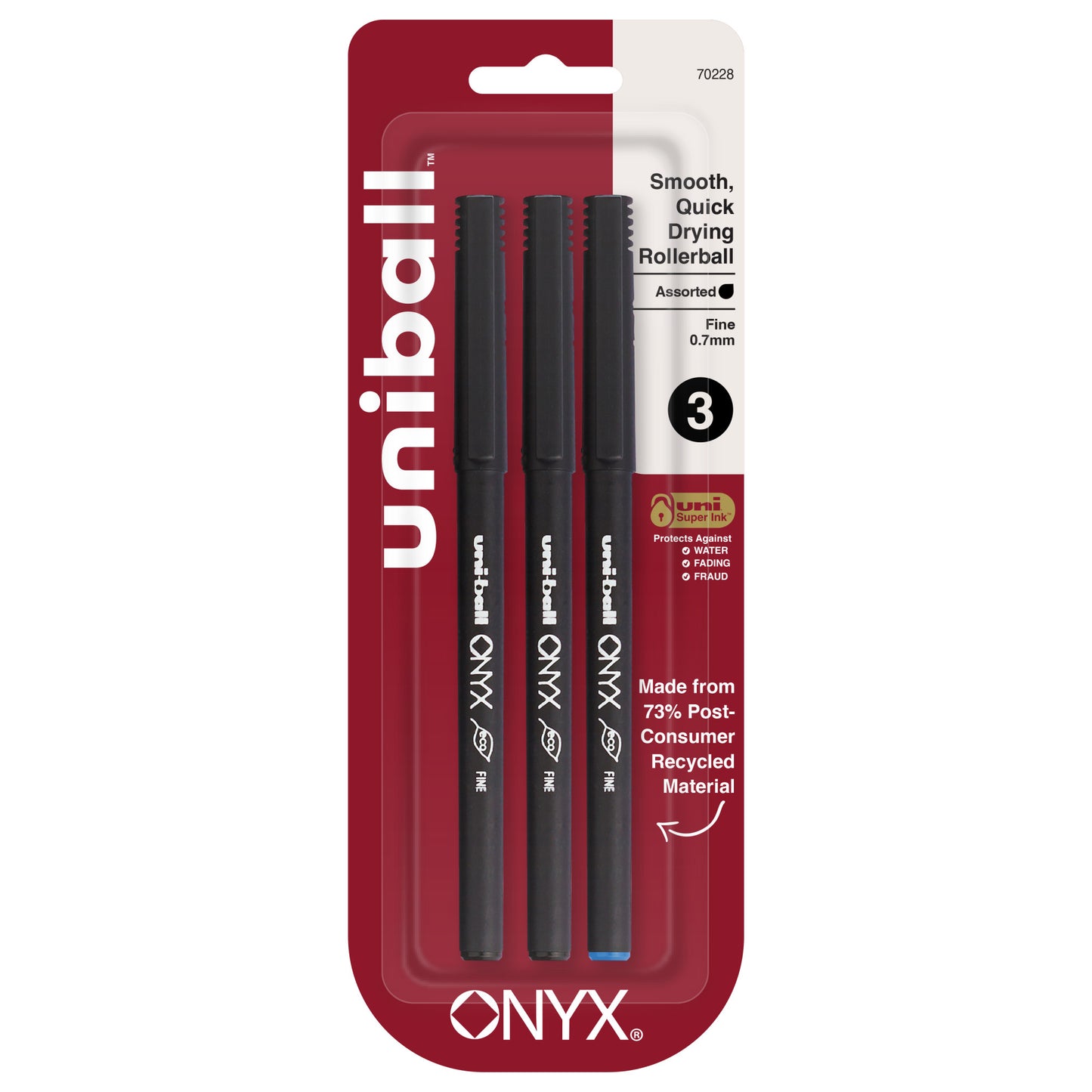uniball™ Onyx Rollerball Pens, Fine Point (0.7mm), Black and Blue Ink, 3 Pack