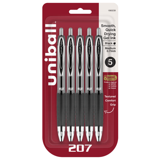 uniball™ 207 Retractable Gel Pens, Medium Point (0.7mm), Black, 5 Pack