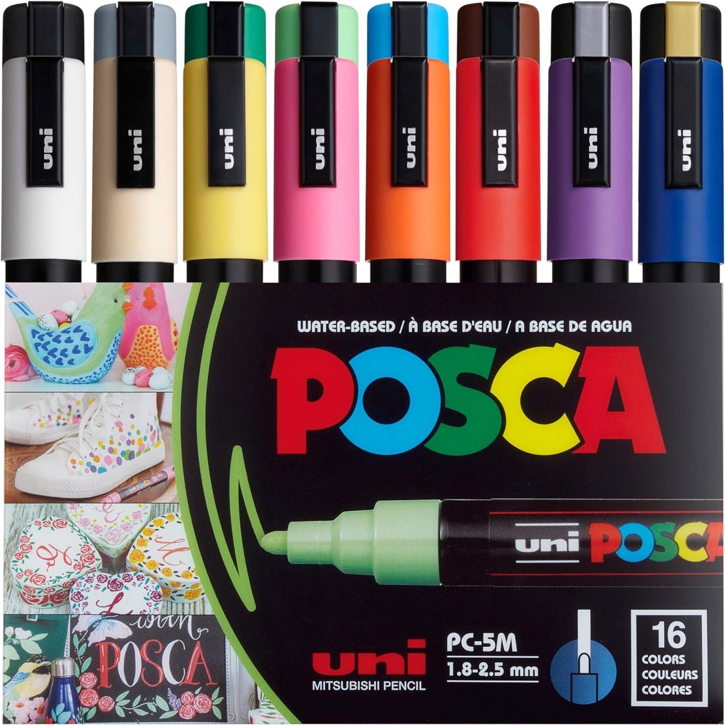 uni® POSCA PC-5M Water-Based Paint Markers, Reversible Medium Tip (1.8-2.5mm), Assorted Colors, 16 Pack