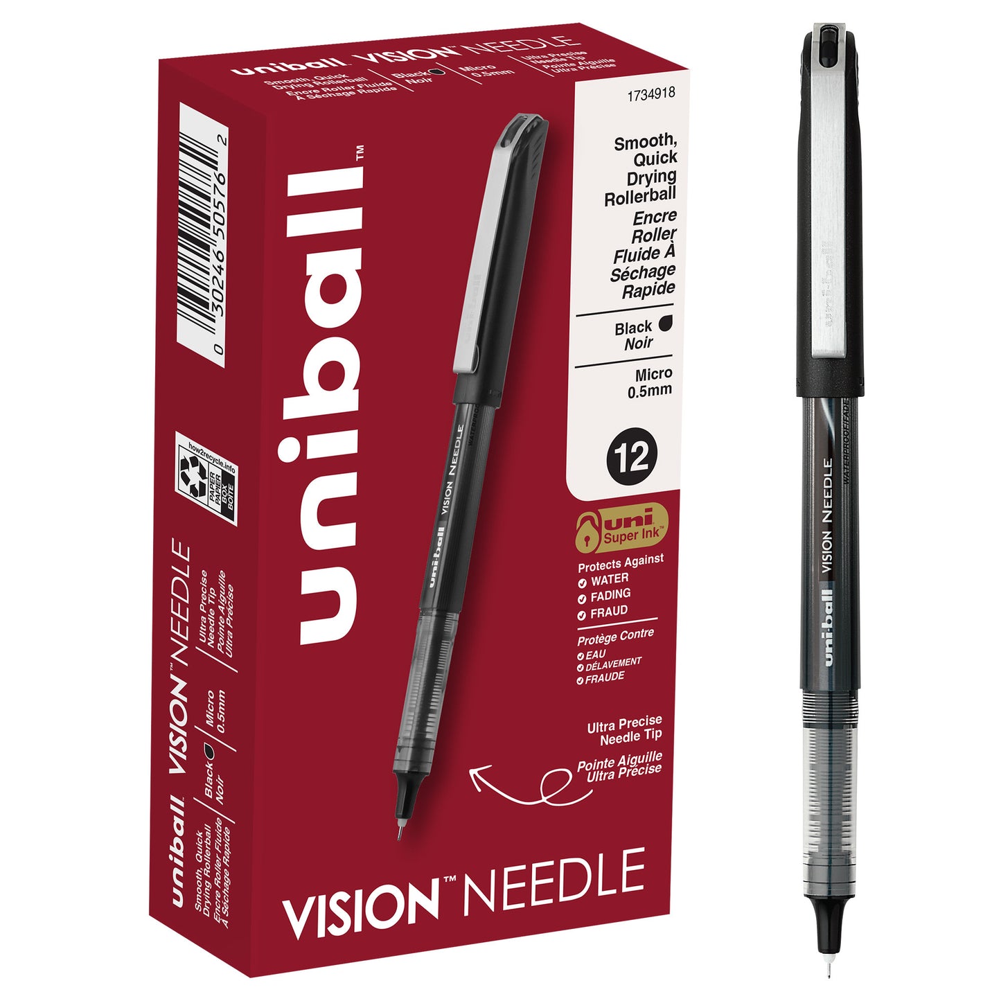 uniball™ Vision Needle Rollerball Pens, Micro Point (0.5mm), Black, 12 Pack