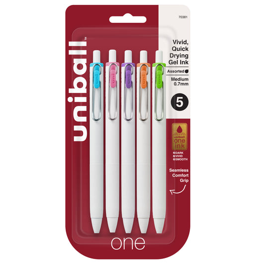 uniball™ one Retractable Gel Pens, Medium Point (0.7mm), Assorted Ink, 5 Pack