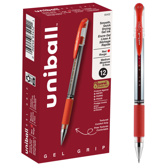 uniball™ Gel Grip Gel Pens, Medium Point (0.7mm), Red, 12 Pack