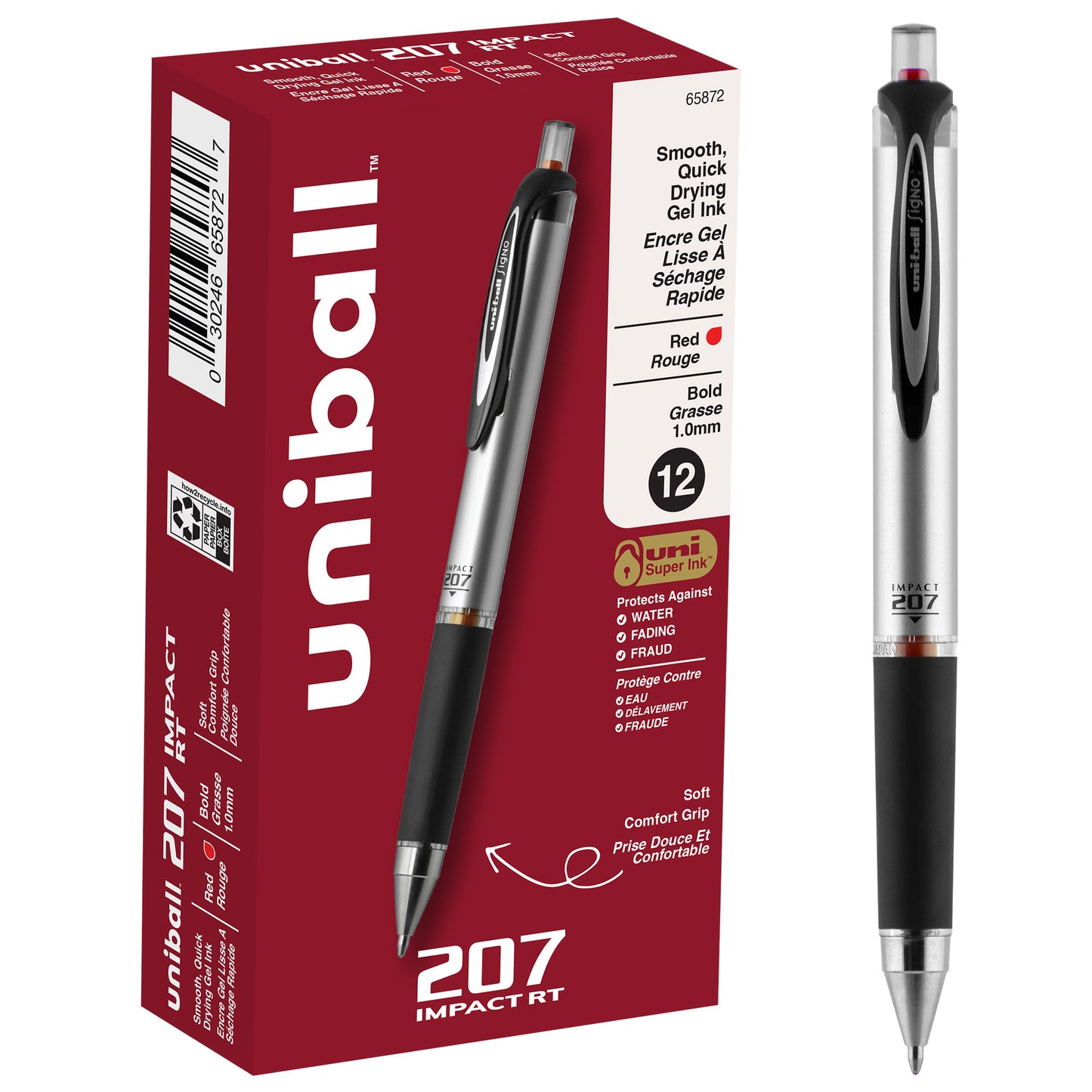 uniball™ 207 Impact Retractable Gel Pens, Bold Point (1.0mm), Red, 12 Pack