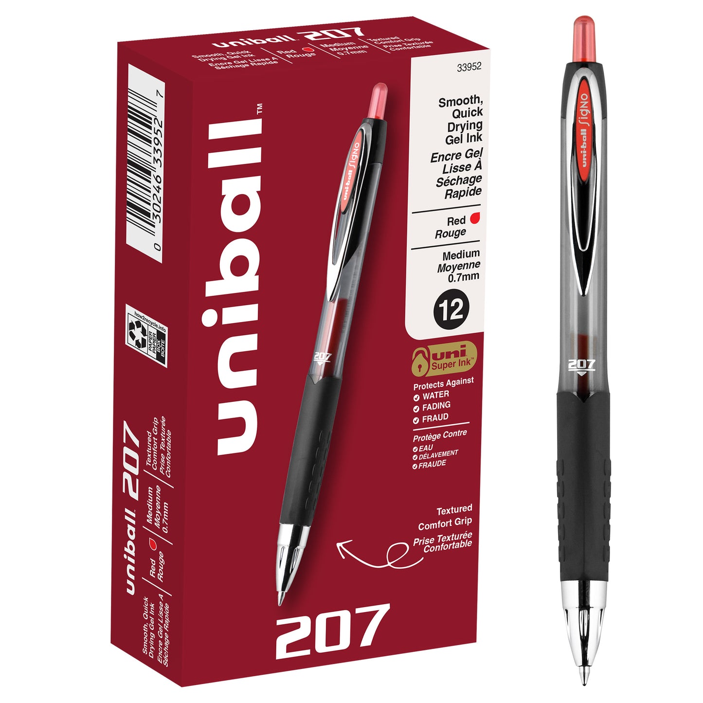 uniball™ 207 Retractable Gel Pens, Medium Point (0.7mm), Red, 12 Pack