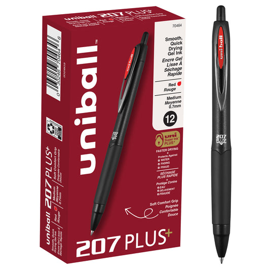 uniball™ 207 Plus+ Retractable Gel Pens, Medium Point (0.7mm), Red, 12 Pack