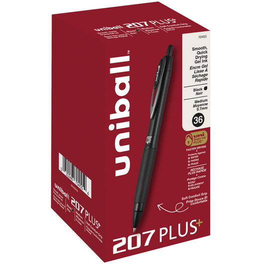 uniball™ 207 Plus+ Retractable Gel Pens, Medium Point (0.7mm), Black, 36 Value Pack