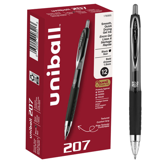 uniball™ 207 Retractable Gel Pens, Bold Point (1.0mm), Black, 12 Pack