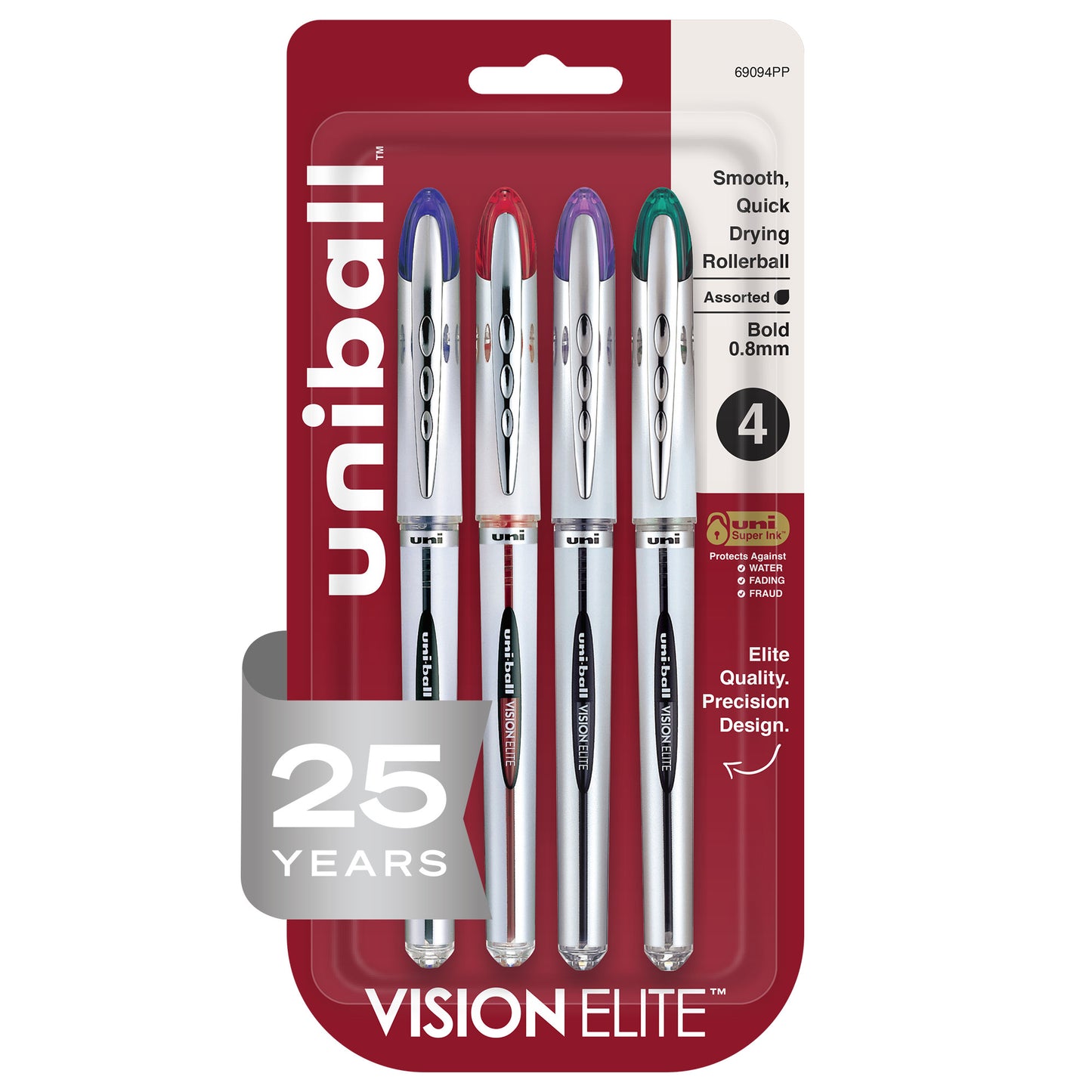 uniball™ Vision Elite Rollerball Pens, Bold Point (0.8mm), Assorted Colors, 4 Pack