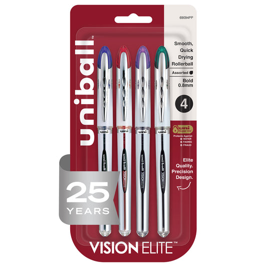 uniball™ Vision Elite Rollerball Pens, Bold Point (0.8mm), Assorted Colors, 4 Pack