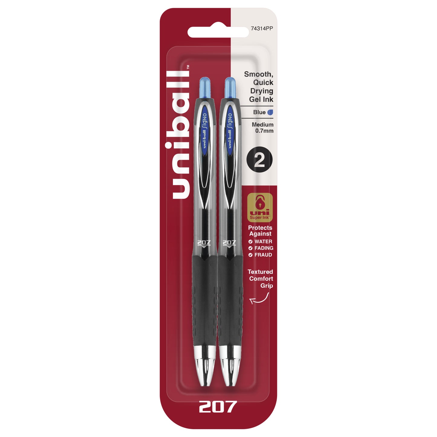 uniball™ 207 Retractable Gel Pens, Medium Point (0.7mm), Blue, 2 Pack