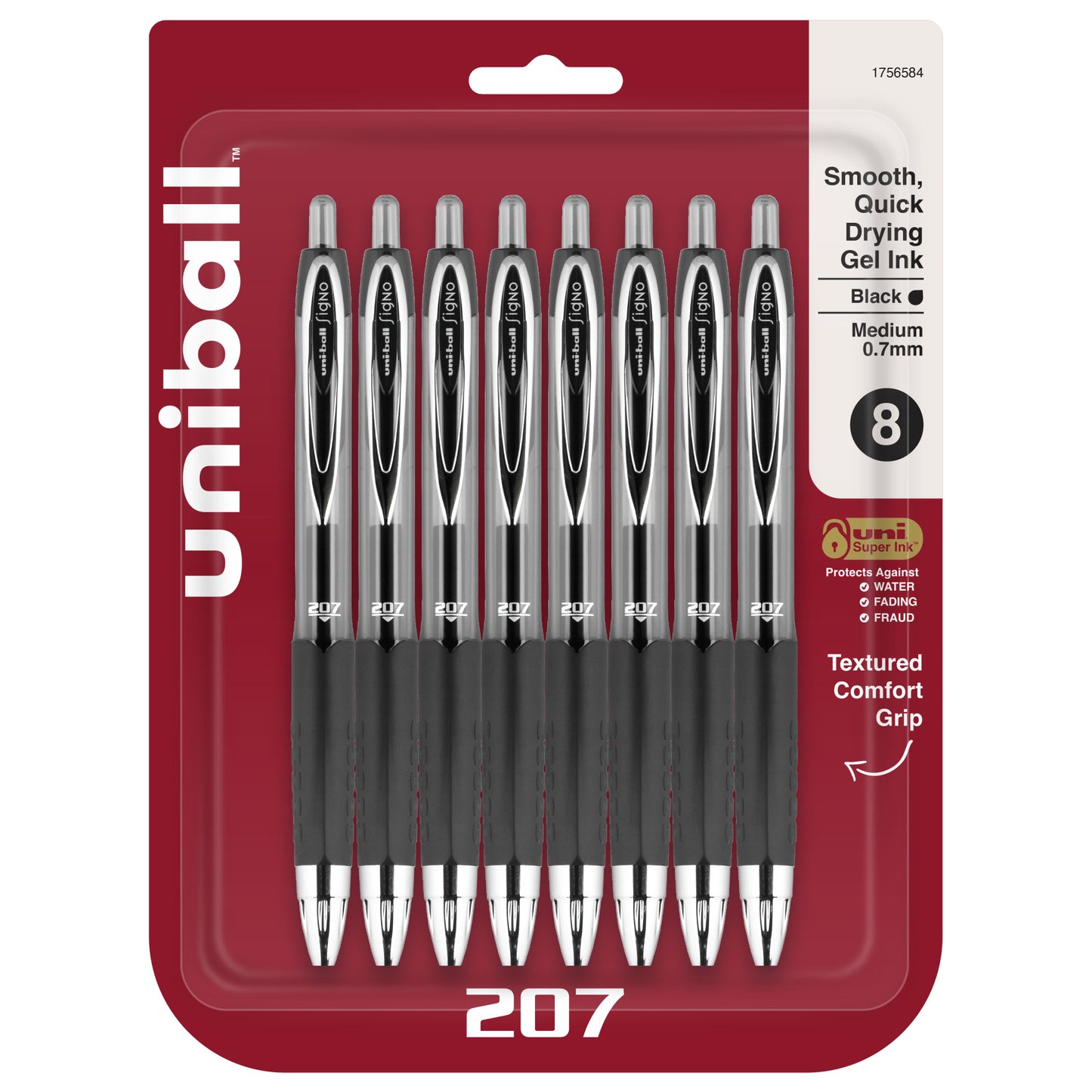 uniball™ 207 Retractable Gel Pens, Medium Point (0.7mm), Black, 8 Pack