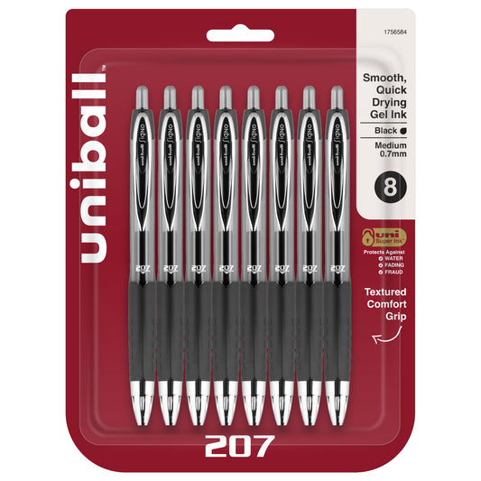 uniball™ 207 Retractable Gel Pens, Medium Point (0.7mm), Black, 8 Pack