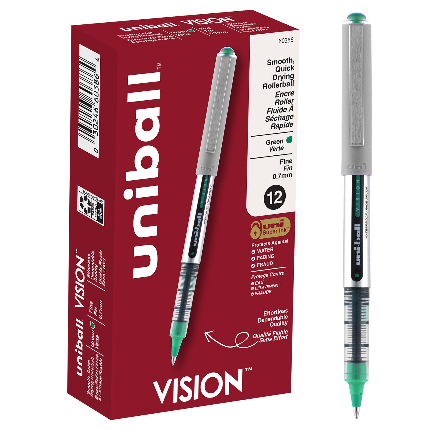 uniball™ Vision Rollerball Pens, Fine Point (0.7mm), Green, 12 Pack