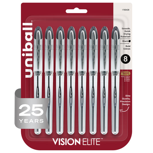 uniball™ Vision Elite Rollerball Pens, Bold Point (0.8mm), Black, 8 Pack
