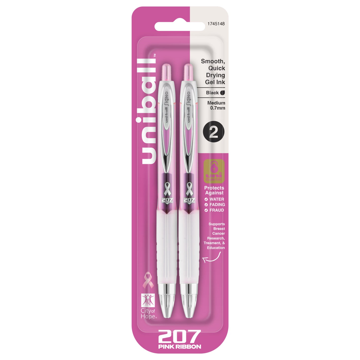 uniball™ 207 Pink Ribbon Retractable Gel Pens, Medium Point (0.7mm), Black, 2 Pack