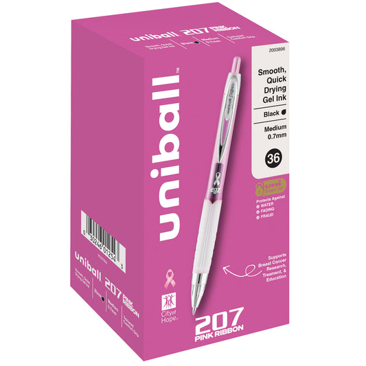 uniball™ 207 Pink Ribbon Retractable Gel Pens, Medium Point (0.7mm), Black, 36 Pack