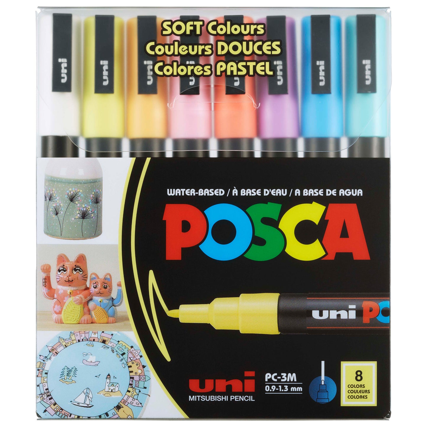 uni® POSCA PC-3M Water-Based Paint Markers, Reversible Fine Tip (0.9-1.3mm), Soft Colors, 8 Pack