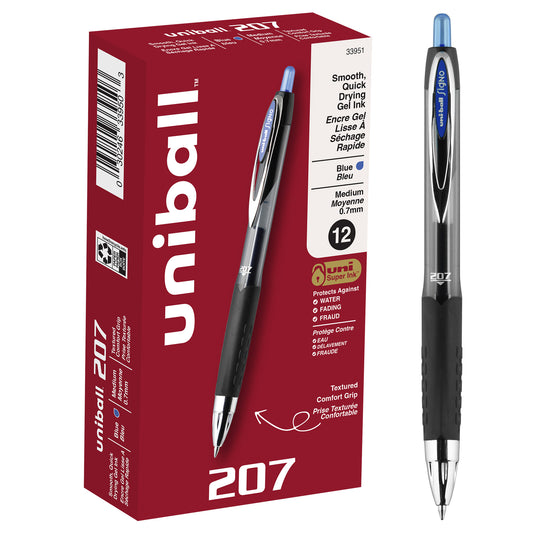 uniball™ 207 Retractable Gel Pens, Medium Point (0.7mm), Blue, 12 Pack