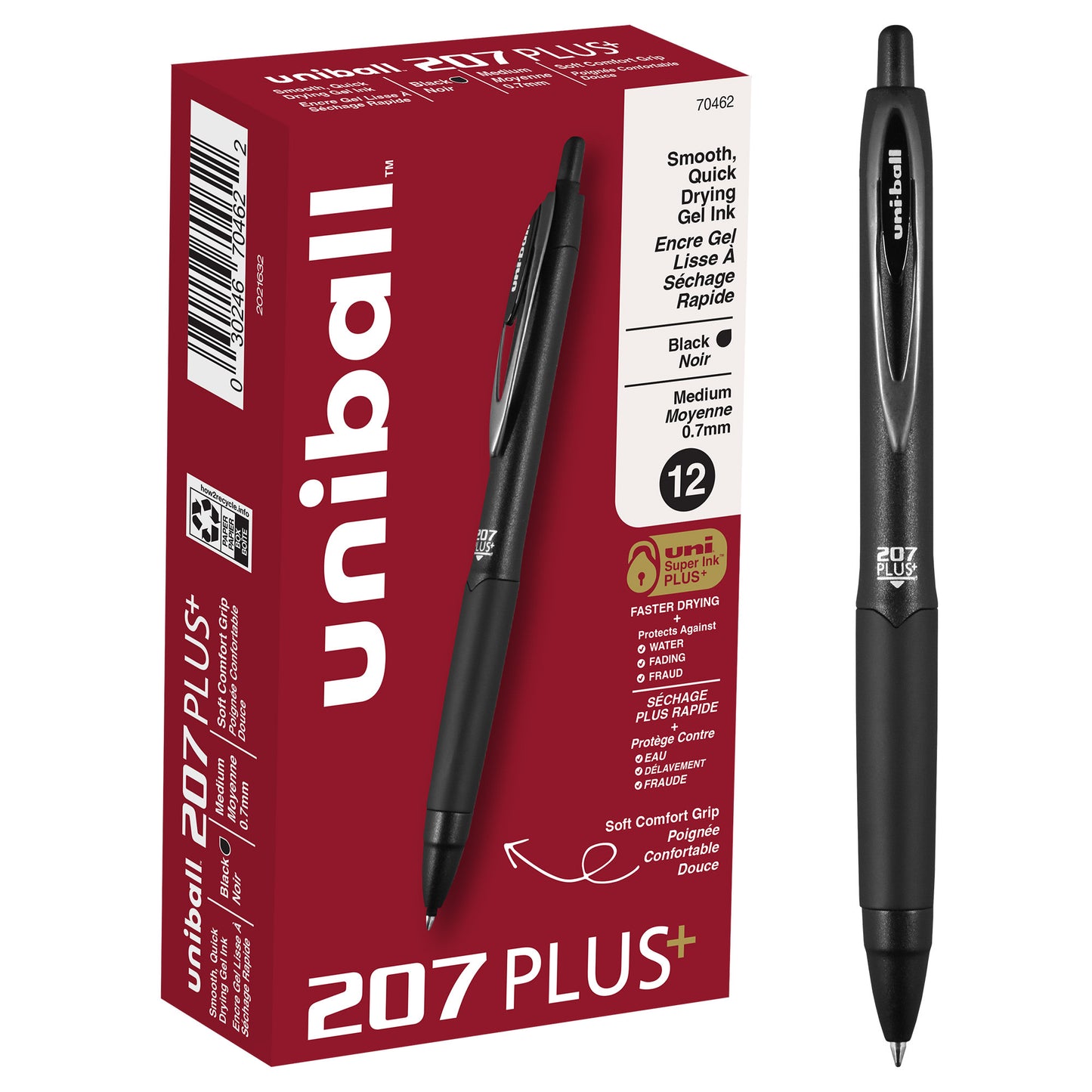 uniball™ 207 Plus+ Retractable Gel Pens, Medium Point (0.7mm), Black, 12 Pack