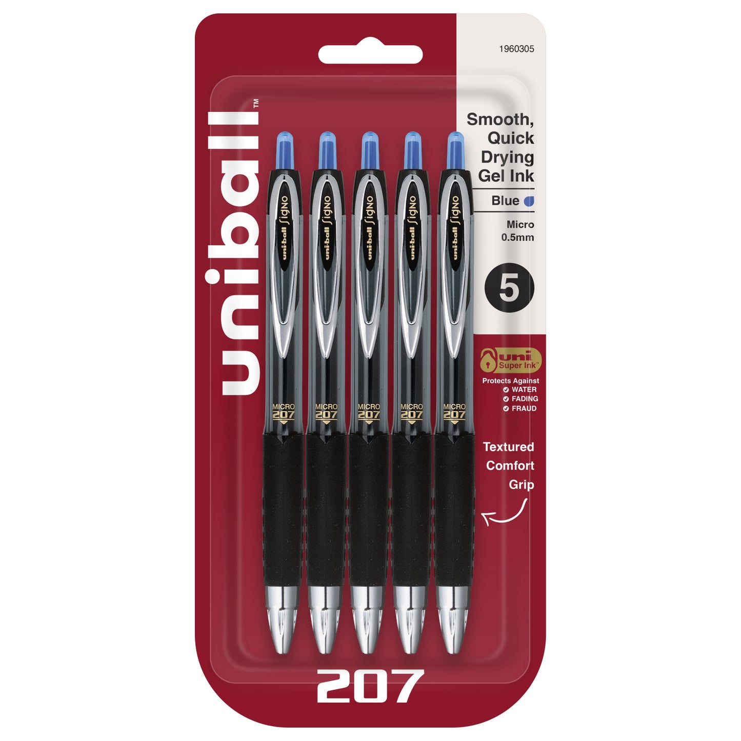 uniball™ 207 Retractable Gel Pens, Micro Point (0.5mm), Blue, 5 Pack