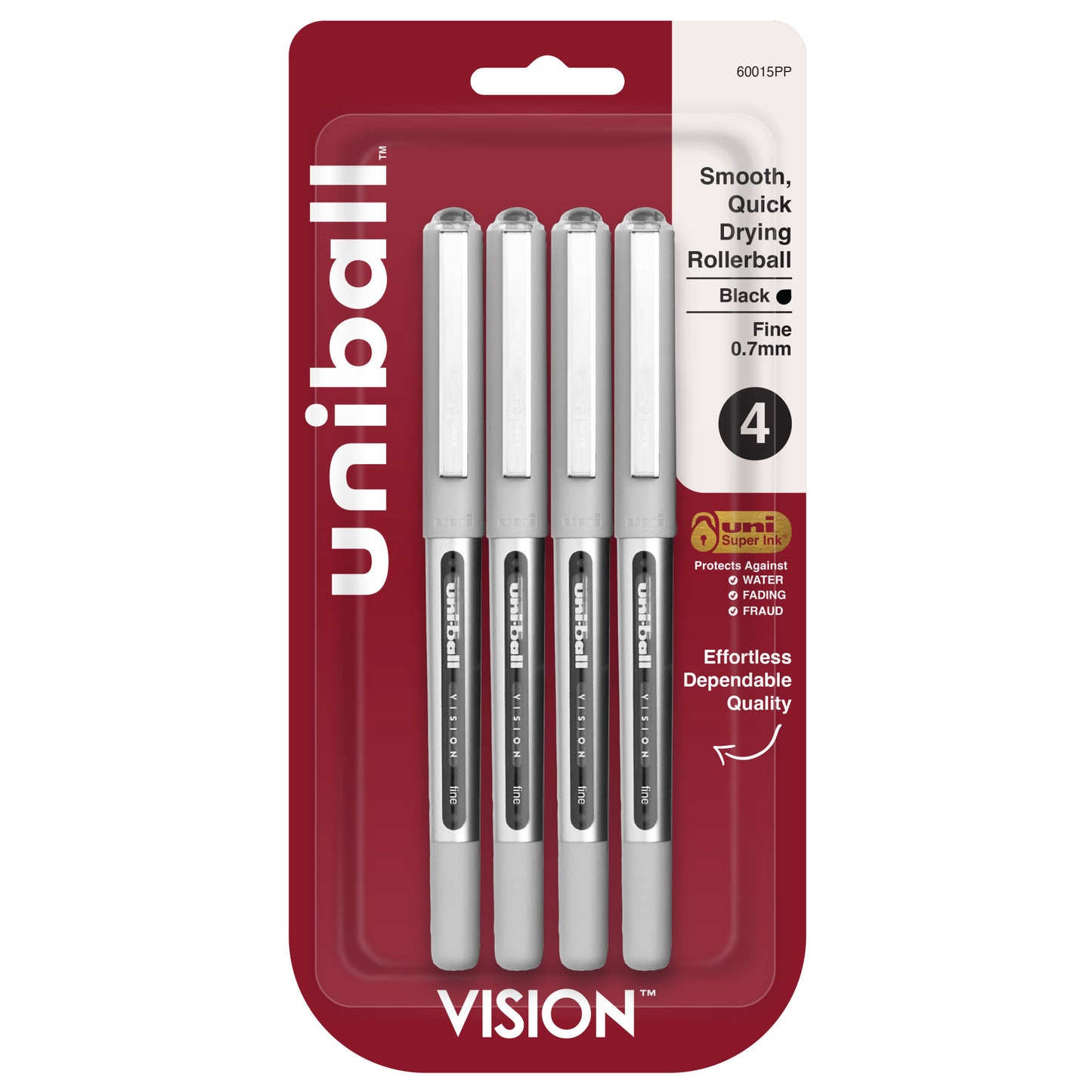 uniball™ Vision Rollerball Pens, Fine Point (0.7mm), Black, 4 Pack