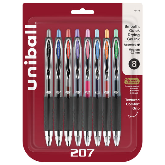 uniball™ 207 Retractable Gel Pens, Medium Point (0.7mm), Assorted, 8 Pack