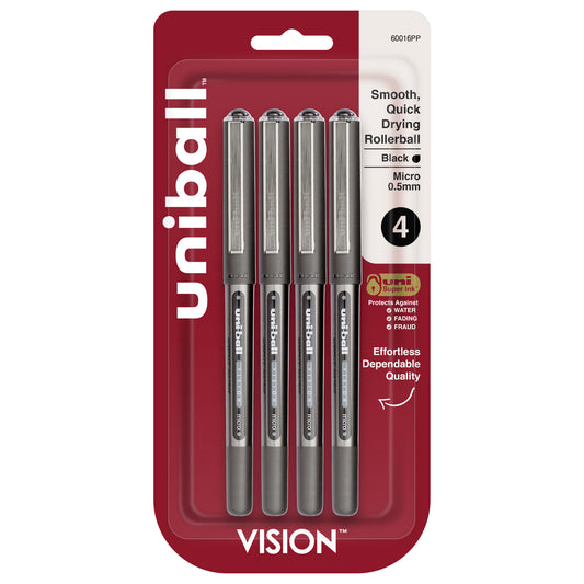 uniball™ Vision Rollerball Pens, Micro Point (0.5mm), Black, 4 Pack
