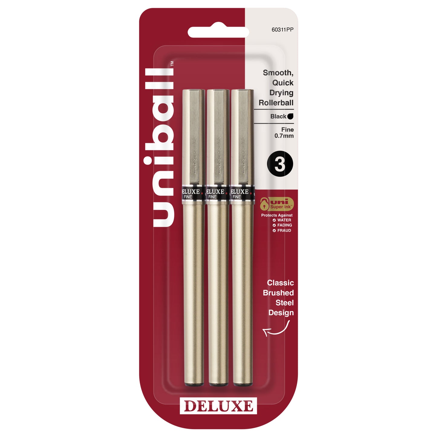 uniball™ Deluxe Rollerball Pens, Fine Point (0.7mm), Black, 3 Pack