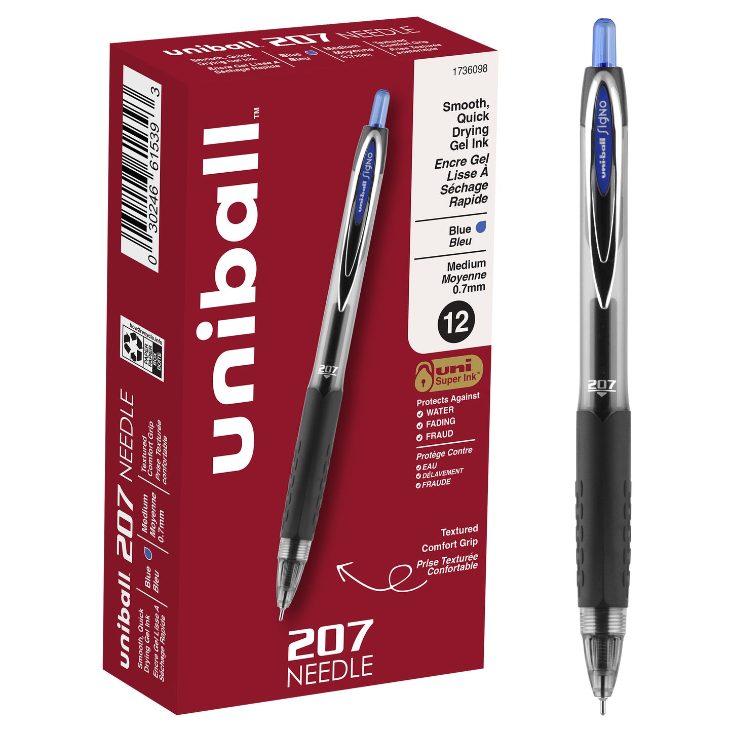 uniball™ 207 Needle Retractable Gel Pens, Medium Point (0.7mm), Blue, 12 Pack