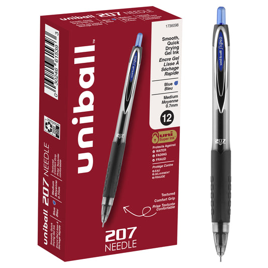 uniball™ 207 Needle Retractable Gel Pens, Medium Point (0.7mm), Blue, 12 Pack