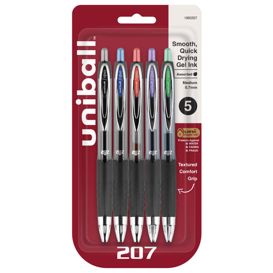 uniball™ 207 Retractable Gel Pens, Medium Point (0.7mm), Assorted, 5 Pack