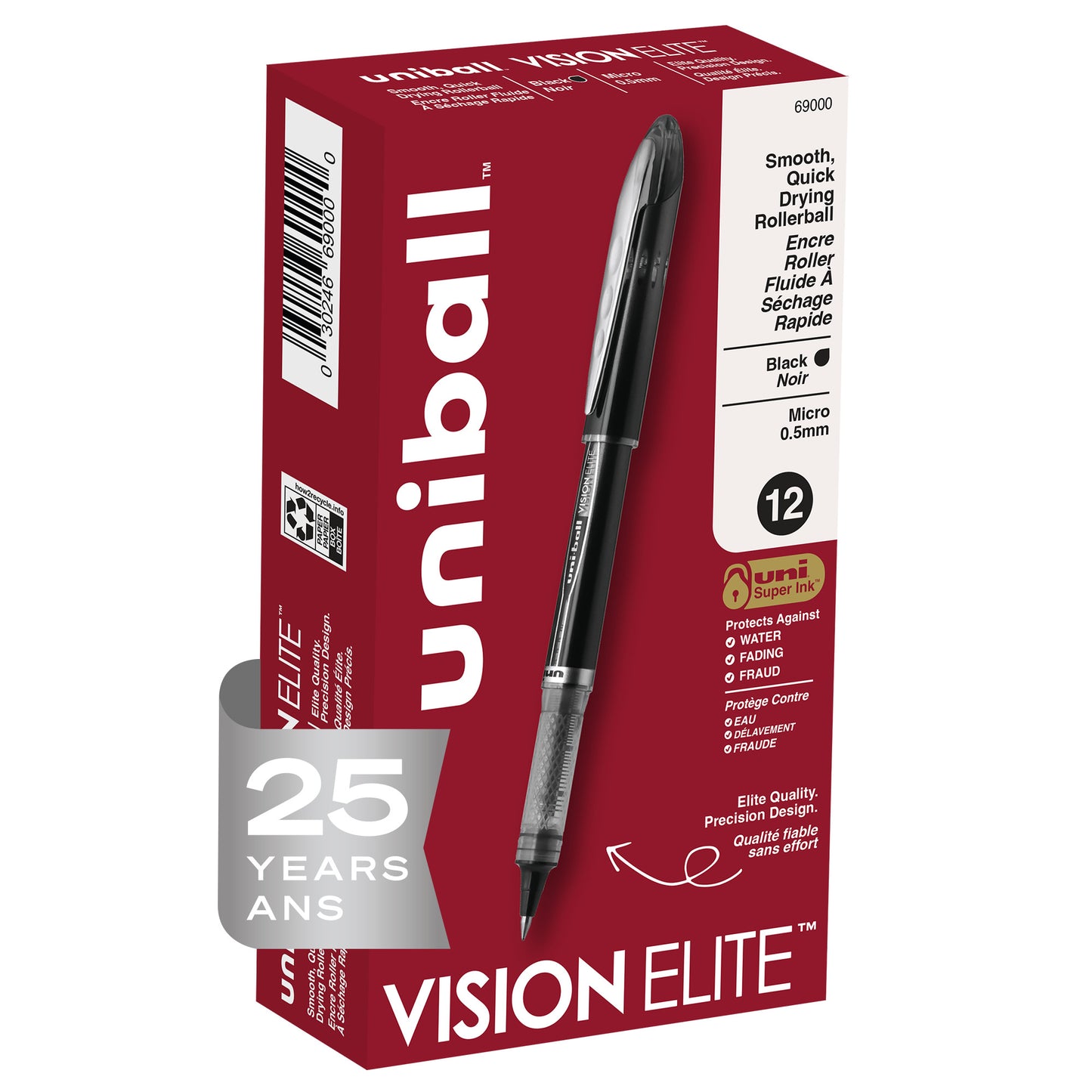 uniball™ Vision Elite Rollerball Pens, Micro Point (0.5mm), Black, 12 Pack