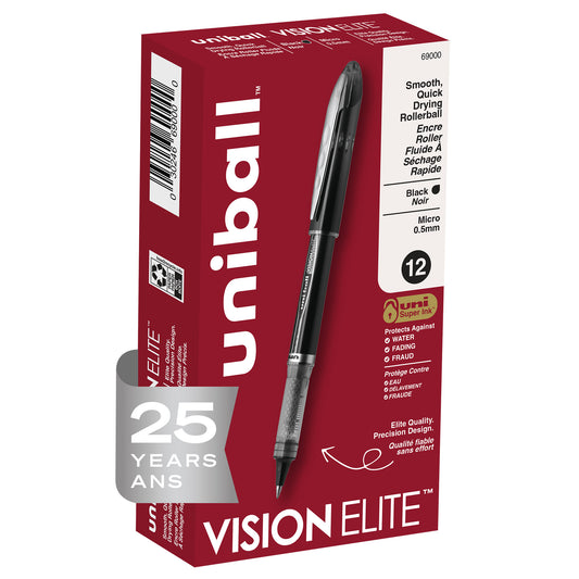 uniball™ Vision Elite Rollerball Pens, Micro Point (0.5mm), Black, 12 Pack