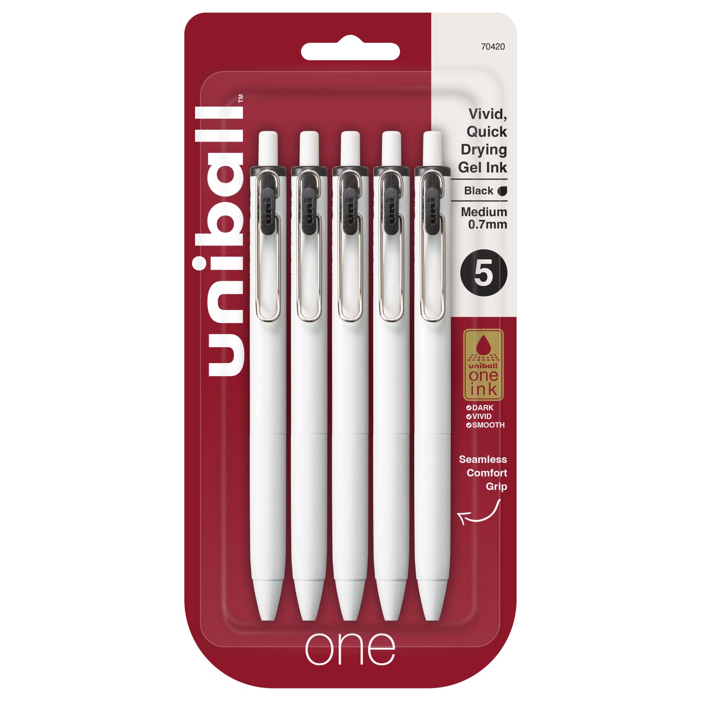 uniball™ one Retractable Gel Pens, Medium Point (0.7mm), Black Ink, 5 Pack