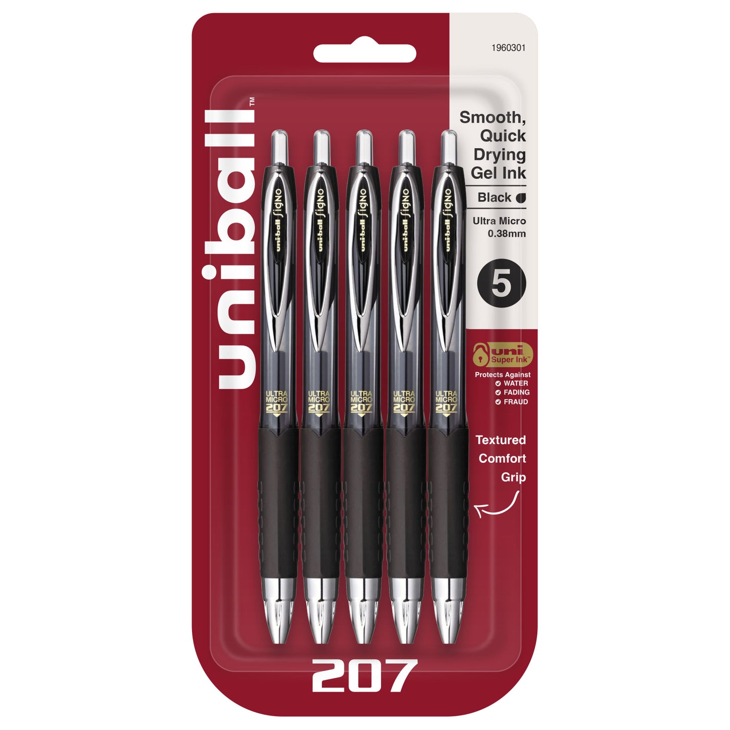 uniball™ 207 Retractable Gel Pens, Ultra Micro Point (0.38mm), Black, 5 Pack