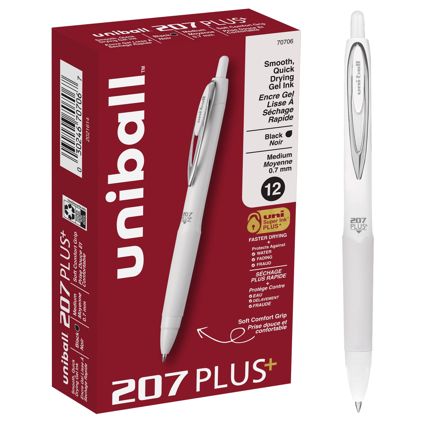 uniball™ 207 Plus+ Retractable Gel Pens, Medium Point (0.7mm), White Barrel, Black Ink, 12  Pack