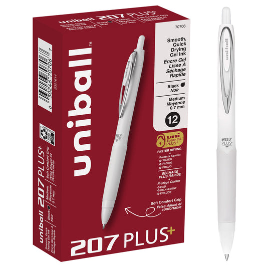 uniball™ 207 Plus+ Retractable Gel Pens, Medium Point (0.7mm), White Barrel, Black Ink, 12  Pack