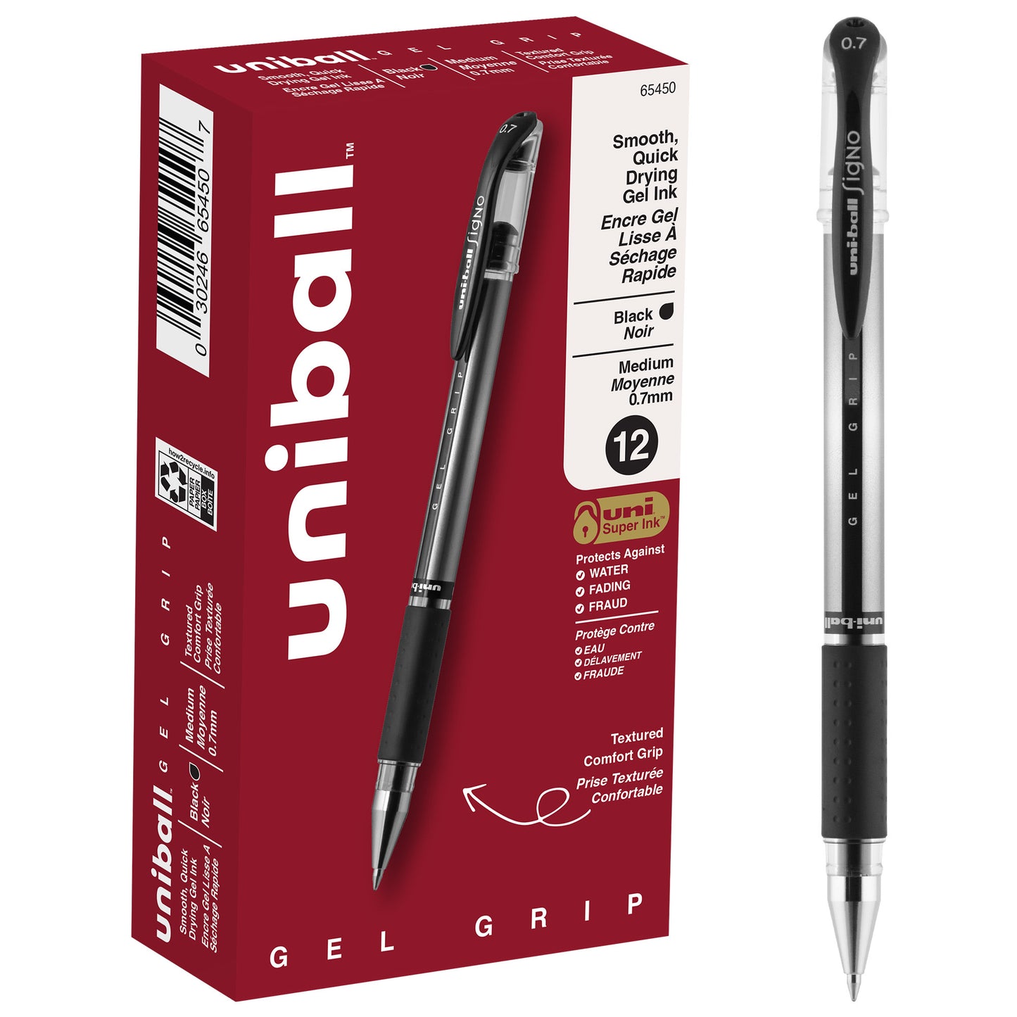 uniball™ Gel Grip Gel Pens, Medium Point (0.7mm), Black, 12 Pack