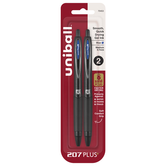 uniball™ 207 PLUS+ Retractable Gel Pen, Medium Point (0.7mm), Blue, 2 Pack